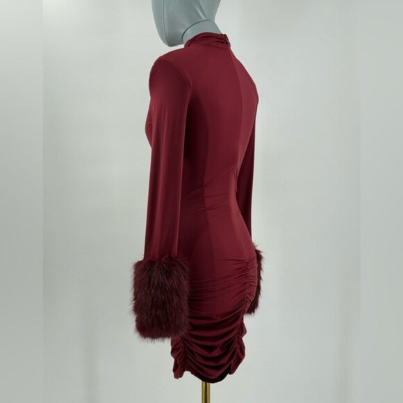 🆕 BRONX & BANCO 🧿 NWOT Eleanor Burgundy Fur Trimmed Mini Dress, Sz XS US 2 - Picture 8 of 17